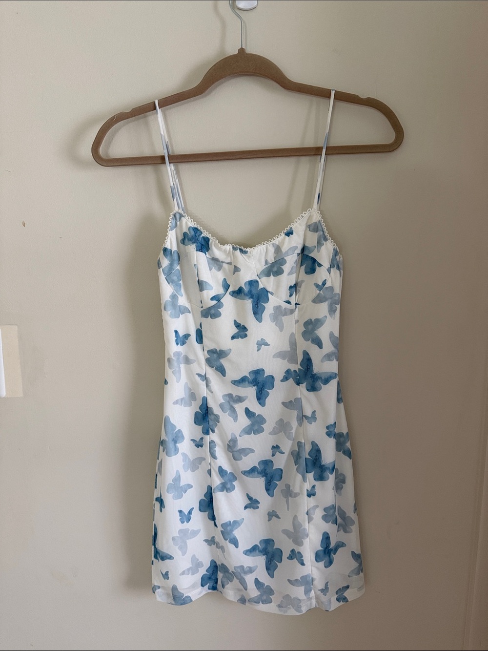 White Slip Dress with Blue Butterfly Print
